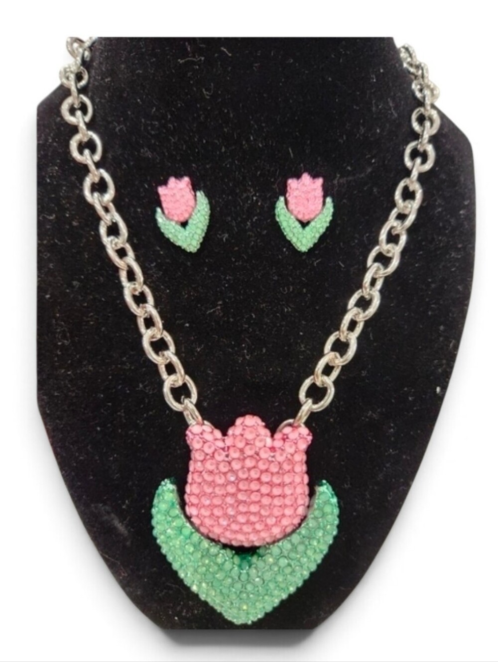 🌷▪️betsey Johnson▪️ Silver Plated spring Pink Tulip Pendant  necklace Earring